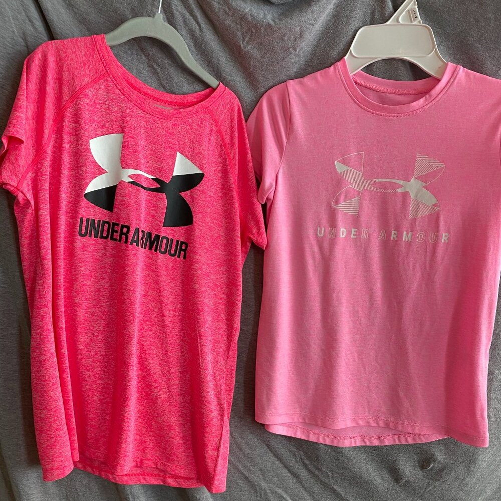 Under Armour pink dri fit short sleeve shirt womens size YM & YLG